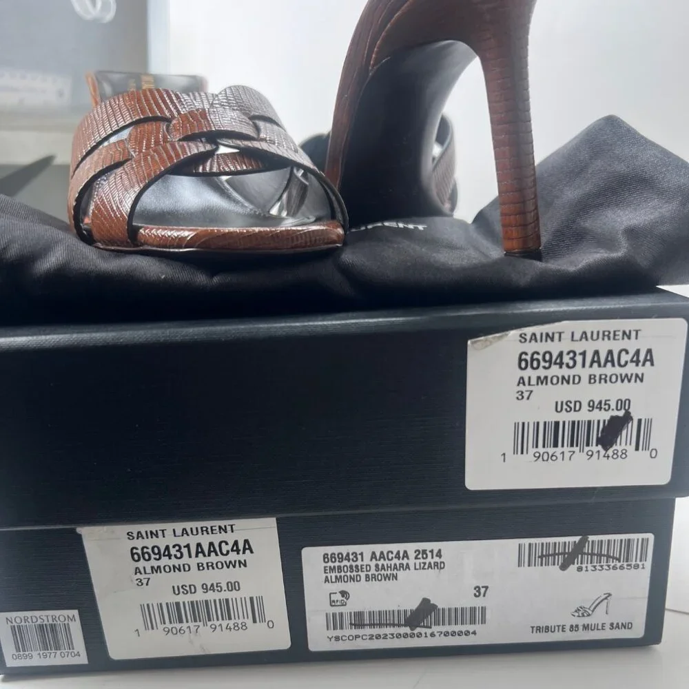 Saint Laurent Tribute Leather Heeled Mules Brown Women Slides Size 37 US7.5 - Picture 11 of 13